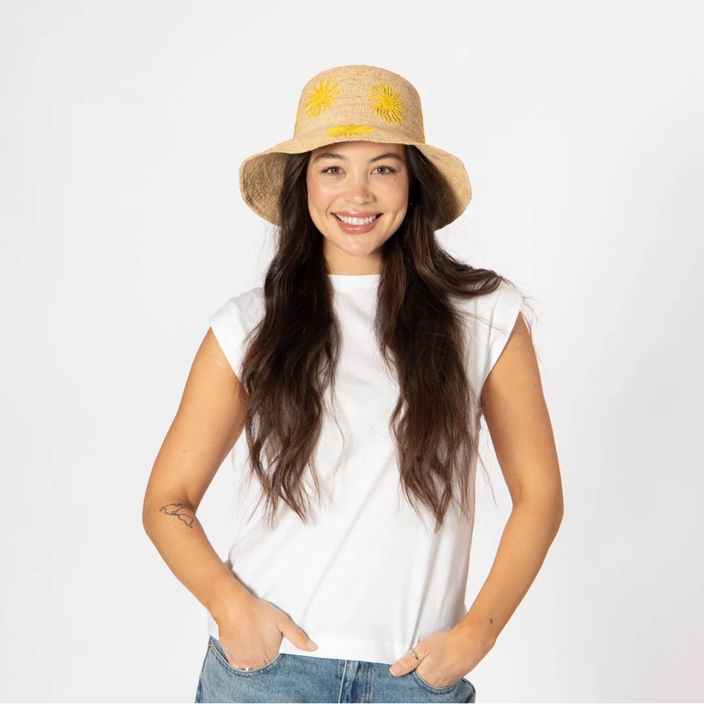 San Diego Hat Co. Sol - Crochet Raffia Bucket with Embroidered Flowers Yellow - Picture 4 of 5